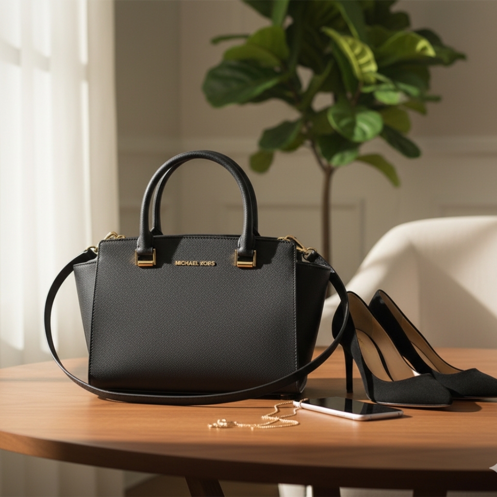 Michael Kors Selma Saffiano Leather Medium Top Zip Satchel Bag (Black)